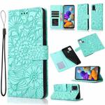 For Samsung Galaxy A21s Skin Feel Embossed Sunflower Horizontal Flip Leather Case with Holder & Card Slots & Wallet & Lanyard(Green)