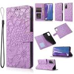 For Samsung Galaxy Note20 Skin Feel Embossed Sunflower Horizontal Flip Leather Case with Holder & Card Slots & Wallet & Lanyard(Purple)