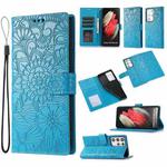 For Samsung Galaxy S21 Ultra 5G Skin Feel Embossed Sunflower Horizontal Flip Leather Case with Holder & Card Slots & Wallet & Lanyard(Blue)
