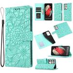 For Samsung Galaxy S21 Ultra 5G Skin Feel Embossed Sunflower Horizontal Flip Leather Case with Holder & Card Slots & Wallet & Lanyard(Green)
