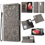 For Samsung Galaxy S21 Ultra 5G Skin Feel Embossed Sunflower Horizontal Flip Leather Case with Holder & Card Slots & Wallet & Lanyard(Gray)