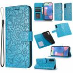 For Samsung Galaxy A30s Skin Feel Embossed Sunflower Horizontal Flip Leather Case with Holder & Card Slots & Wallet & Lanyard(Blue)