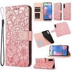 For Samsung Galaxy A30s Skin Feel Embossed Sunflower Horizontal Flip Leather Case with Holder & Card Slots & Wallet & Lanyard(Rose Gold)