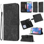 For Samsung Galaxy A30s Skin Feel Embossed Sunflower Horizontal Flip Leather Case with Holder & Card Slots & Wallet & Lanyard(Black)