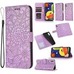 For Samsung Galaxy A50s Skin Feel Embossed Sunflower Horizontal Flip Leather Case with Holder & Card Slots & Wallet & Lanyard(Purple)