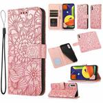 For Samsung Galaxy A50s Skin Feel Embossed Sunflower Horizontal Flip Leather Case with Holder & Card Slots & Wallet & Lanyard(Rose Gold)