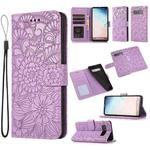 For Samsung Galaxy S10 Skin Feel Embossed Sunflower Horizontal Flip Leather Case with Holder & Card Slots & Wallet & Lanyard(Purple)