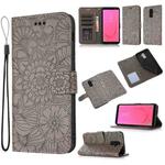 For Samsung Galaxy J8 Skin Feel Embossed Sunflower Horizontal Flip Leather Case with Holder & Card Slots & Wallet & Lanyard(Gray)