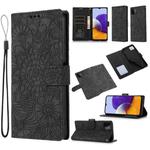 For Samsung Galaxy A22 5G Skin Feel Embossed Sunflower Horizontal Flip Leather Case with Holder & Card Slots & Wallet & Lanyard(Black)