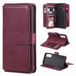 For Samsung Galaxy S21 FE Multifunctional Magnetic Copper Buckle Horizontal Flip Solid Color Leather Case with 10 Card Slots & Wallet & Holder & Photo Frame(Wine Red)