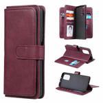For Xiaomi Redmi K40 Multifunctional Magnetic Copper Buckle Horizontal Flip Solid Color Leather Case with 10 Card Slots & Wallet & Holder & Photo Frame(Wine Red)