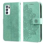 For OPPO Reno 6 Pro 5G 7-petal Flowers Embossing Pattern Horizontal Flip PU Leather Case with Holder & Card Slots & Wallet & Photo Frame(Green)