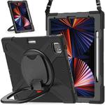 For iPad Pro 12.9 2022 / 2021 Silicone + PC Protective Tablet Case with Holder & Shoulder Strap(Black+Black)
