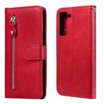 For Samsung Galaxy S21 FE Fashion Calf Texture Zipper Horizontal Flip Leather Case with Holder & Card Slots & Wallet(Red)