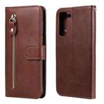 For Samsung Galaxy S21 FE Fashion Calf Texture Zipper Horizontal Flip Leather Case with Holder & Card Slots & Wallet(Brown)