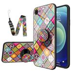 Painted Ethnic Pattern Tempered Glass TPU Shockproof Case with Folding Magnetic Holder & Neck Strap For iPhone SE 2022 / SE 2020 / 8 / 7(Colorful)