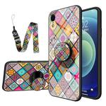 Painted Ethnic Pattern Tempered Glass TPU Shockproof Case with Folding Magnetic Holder & Neck Strap For iPhone XR(Checkered)
