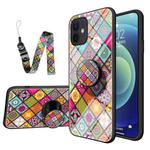 Painted Ethnic Pattern Tempered Glass TPU Shockproof Case with Folding Magnetic Holder & Neck Strap For iPhone 12 mini(Colorful)