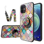 Painted Ethnic Pattern Tempered Glass TPU Shockproof Case with Folding Magnetic Holder & Neck Strap For iPhone 12 mini(Checkered)