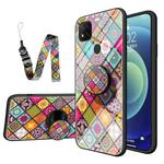For Xiaomi Redmi 9C Painted Ethnic Pattern Tempered Glass TPU Shockproof Case with Folding Magnetic Holder & Neck Strap(Colorful)