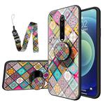 For Xiaomi Redmi K20 / K20 Pro Painted Ethnic Pattern Tempered Glass TPU Shockproof Case with Folding Magnetic Holder & Neck Strap(Checkered)