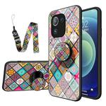 For Xiaomi Mi 11 Pro Painted Ethnic Pattern Tempered Glass TPU Shockproof Case with Folding Magnetic Holder & Neck Strap(Checkered)