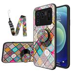 For Xiaomi Mi 11 Ultra Painted Ethnic Pattern Tempered Glass TPU Shockproof Case with Folding Magnetic Holder & Neck Strap(Checkered)