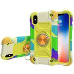For iPhone X / XS Shockproof Silicone + PC Protective Case with Dual-Ring Holder(Colorful Yellow Green)