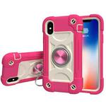 For iPhone XR Shockproof Silicone + PC Protective Case with Dual-Ring Holder(Rose Red)