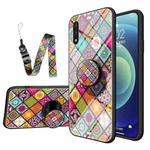 For Samsung Galaxy A01 Painted Ethnic Pattern Tempered Glass TPU Shockproof Case with Folding Magnetic Holder & Neck Strap(Colorful)