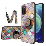 For Samsung Galaxy A02s Painted Ethnic Pattern Tempered Glass TPU Shockproof Case with Folding Magnetic Holder & Neck Strap(Checkered)