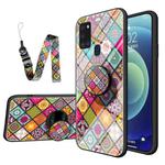 For Samsung Galaxy A21s Painted Ethnic Pattern Tempered Glass TPU Shockproof Case with Folding Magnetic Holder & Neck Strap(Colorful)