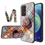 For Samsung Galaxy A52 Painted Ethnic Pattern Tempered Glass TPU Shockproof Case with Folding Magnetic Holder & Neck Strap(Colorful)