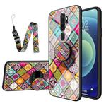 For OPPO A9 2020 / A5 2020 Painted Ethnic Pattern Tempered Glass TPU Shockproof Case with Folding Magnetic Holder & Neck Strap(Colorful)