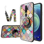 For OPPO A9 2020 / A5 2020 Painted Ethnic Pattern Tempered Glass TPU Shockproof Case with Folding Magnetic Holder & Neck Strap(Checkered)