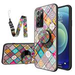 For Samsung Galaxy Note20 Painted Ethnic Pattern Tempered Glass TPU Shockproof Case with Folding Magnetic Holder & Neck Strap(Checkered)