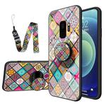 For Samsung Galaxy S9 Painted Ethnic Pattern Tempered Glass TPU Shockproof Case with Folding Magnetic Holder & Neck Strap(Checkered)