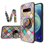 For Samsung Galaxy S10+ Painted Ethnic Pattern Tempered Glass TPU Shockproof Case with Folding Magnetic Holder & Neck Strap(Checkered)