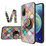 For Samsung Galaxy S20 FE Painted Ethnic Pattern Tempered Glass TPU Shockproof Case with Folding Magnetic Holder & Neck Strap(Checkered)