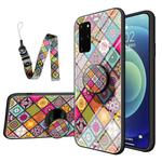 For Samsung Galaxy S20+ Painted Ethnic Pattern Tempered Glass TPU Shockproof Case with Folding Magnetic Holder & Neck Strap(Colorful)