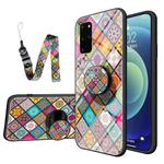 For Samsung Galaxy S20+ Painted Ethnic Pattern Tempered Glass TPU Shockproof Case with Folding Magnetic Holder & Neck Strap(Checkered)