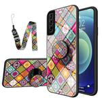 For Samsung Galaxy S21 5G Painted Ethnic Pattern Tempered Glass TPU Shockproof Case with Folding Magnetic Holder & Neck Strap(Colorful)
