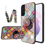 For Samsung Galaxy S21+ 5G Painted Ethnic Pattern Tempered Glass TPU Shockproof Case with Folding Magnetic Holder & Neck Strap(Colorful)