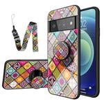 For Google Pixel 6 Pro Painted Ethnic Pattern Tempered Glass TPU Shockproof Case with Folding Magnetic Holder & Neck Strap(Colorful)