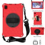 For Samsung Galaxy Tab A7 Lite 8.7 2021 T220 / T225 360 Degree Rotation Honeycomb Shockproof Silicone PC Protective Case with Holder & Shoulder Strap & Hand Strap(Red Black)