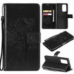 For OnePlus 9 Pro Tree & Cat Pattern Pressed Printing Horizontal Flip PU Leather Case with Holder & Card Slots & Wallet & Lanyard(Black)