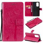 For OnePlus 9 Pro Tree & Cat Pattern Pressed Printing Horizontal Flip PU Leather Case with Holder & Card Slots & Wallet & Lanyard(Rose Red)