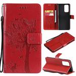 For OnePlus 9 Pro Tree & Cat Pattern Pressed Printing Horizontal Flip PU Leather Case with Holder & Card Slots & Wallet & Lanyard(Red)