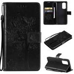 For OnePlus 9 Tree & Cat Pattern Pressed Printing Horizontal Flip PU Leather Case with Holder & Card Slots & Wallet & Lanyard(Black)