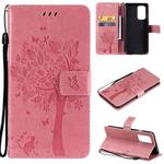 For OnePlus 9 Tree & Cat Pattern Pressed Printing Horizontal Flip PU Leather Case with Holder & Card Slots & Wallet & Lanyard(Pink)